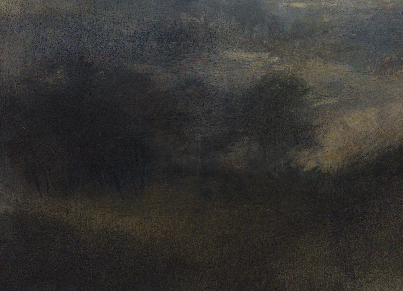 L997 - Nicholas Herbert, British Artist, landscape painting of trees along a low ridge between the villages of Harlington and Sharpenhoe, mixed media 2017.