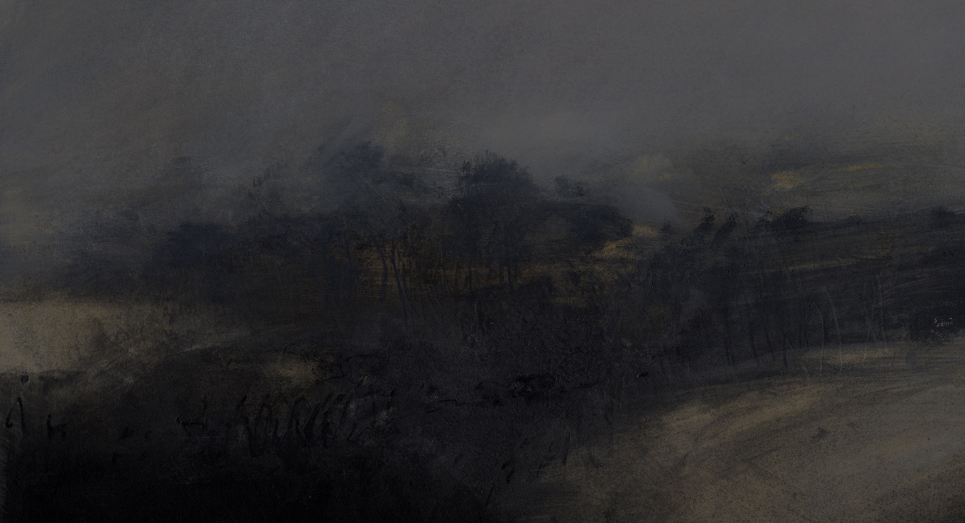 L1014 - Nicholas Herbert, British Artist, landscape painting of trees, fields and winter sky, mixed media 2017