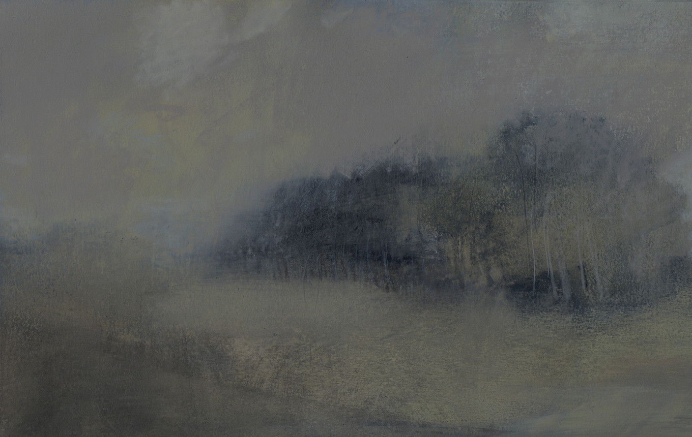 L1017 - Nicholas Herbert, British Artist, landscape painting of trees bordering a field, mixed media 2017