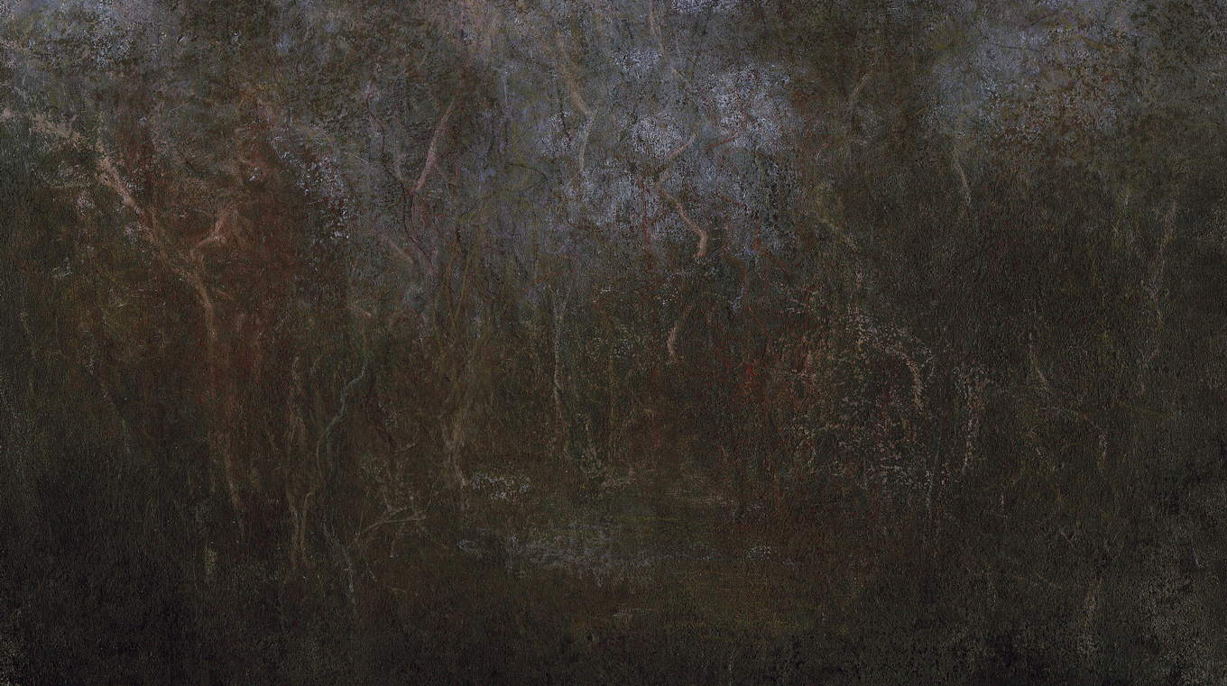 L1271 - Nicholas Herbert, British Artist, mixed media landscape painting of tangled branches around Mermaid Pond's, 2021