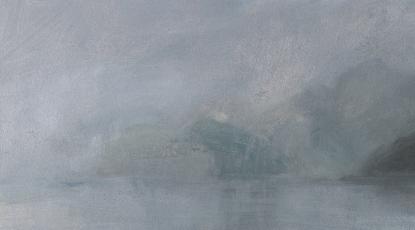 Nicholas Herbert, British artist - Landscape L983 Lake Garda Series, Looking Across the Lake from Torbole, contemporary mixed media painting